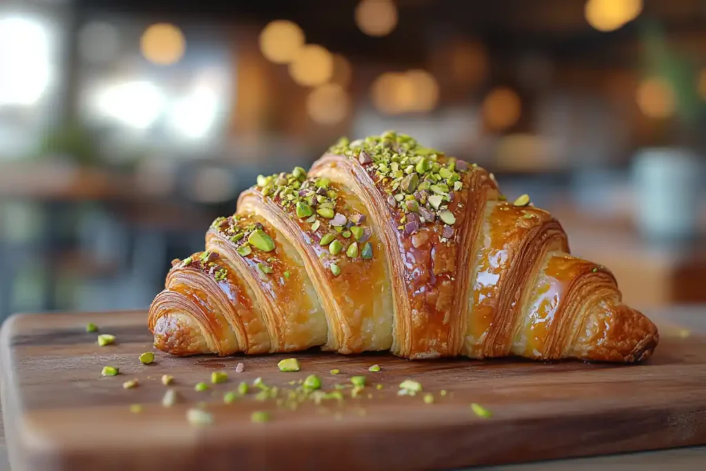 Freshly baked pistachio croissant with crushed pistachios