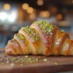 Freshly baked pistachio croissant with crushed pistachios