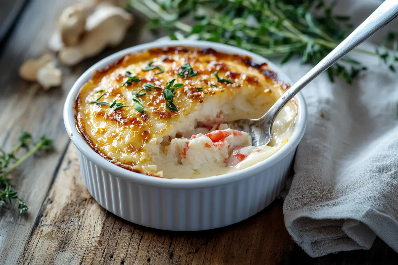 Crab brûlée with a golden caramelized topping and creamy crab custard.