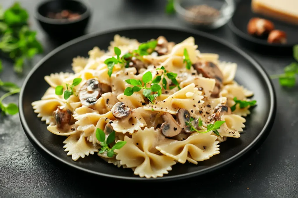 A gourmet Farfalle pasta dish coated in a luxurious truffle cream sauce, garnished with sautéed mushrooms, microgreens, and edible flowers, served on a black ceramic plate.