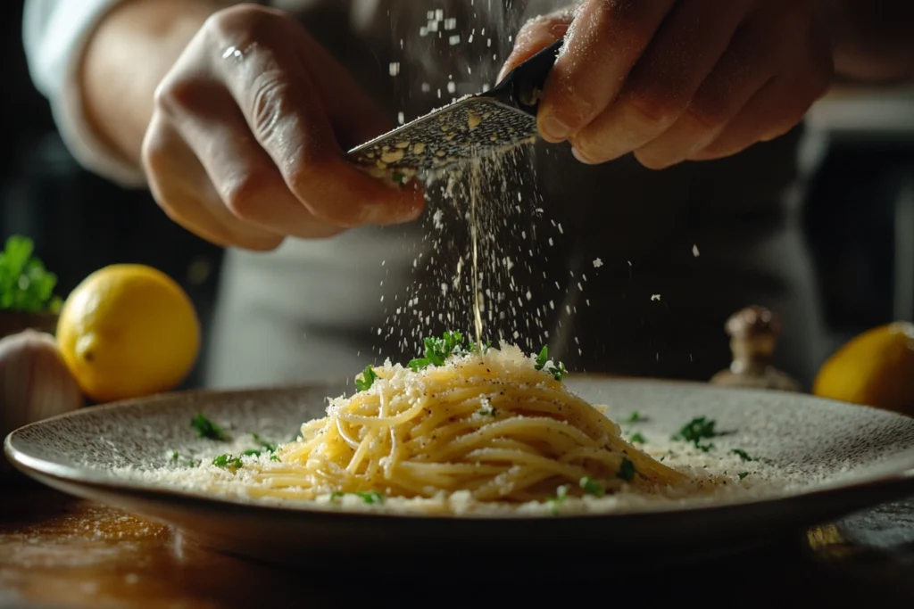 Chef grating bottarga over a plate of pasta in an Italian kitchen.