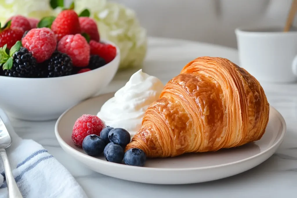 Balanced breakfast with Nutella croissant, yogurt, and berries