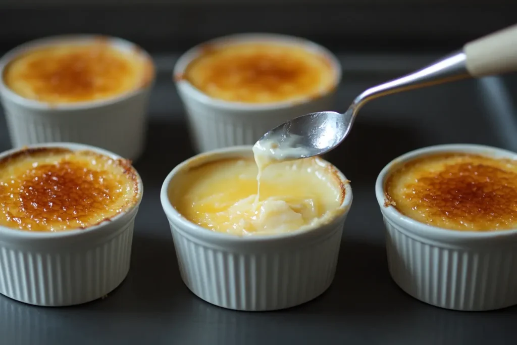 Step-by-step process of making crab brûlée, from mixing to torching.