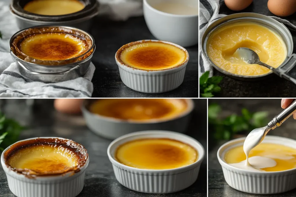 Step-by-step process of making crème brûlée and custard from start to finish.