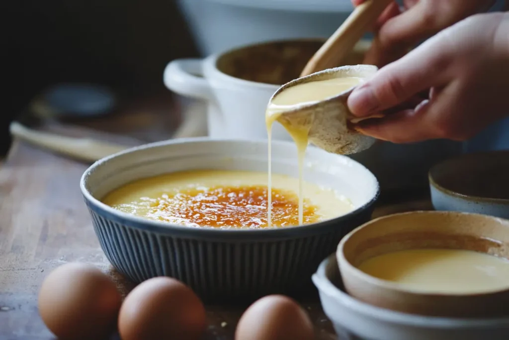 Step-by-step process of making crème brûlée with milk.