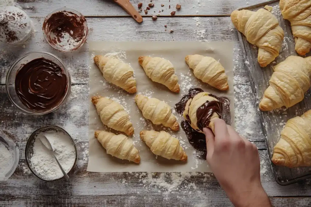 Step-by-step process of making homemade Nutella croissants