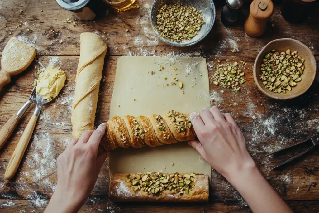 Step-by-step process of making a healthy pistachio croissant