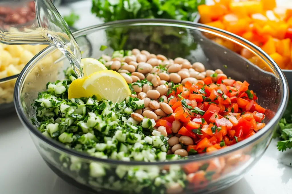 Step-by-step preparation of a dense bean salad.