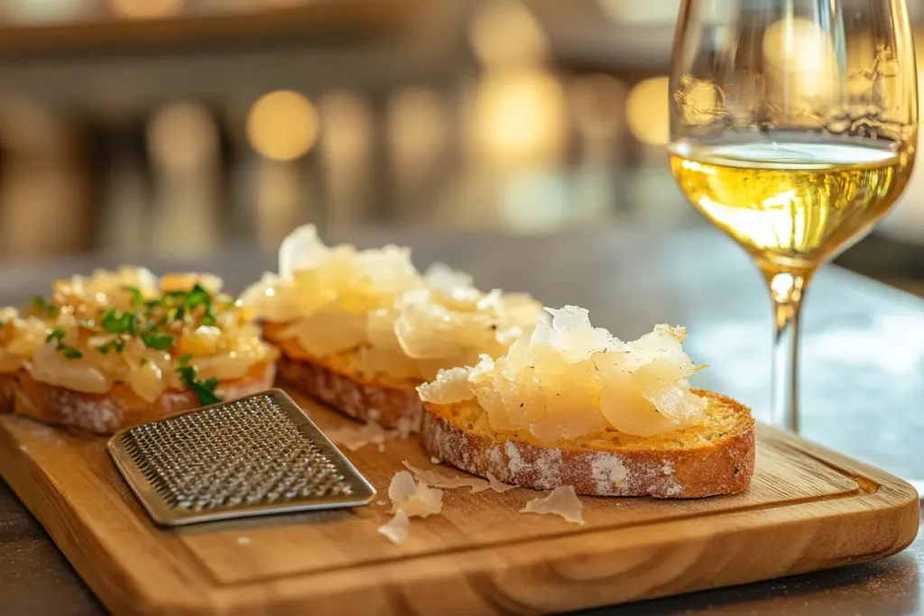 Sliced bottarga on a cutting board with bruschetta and olive oil.