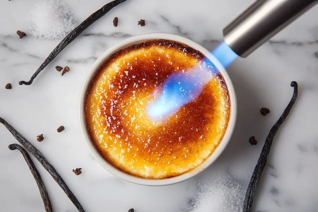 Chef torching crème brûlée to create a caramelized sugar crust.