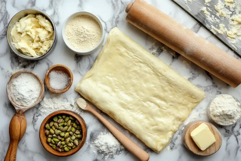 Ingredients for making homemade pistachio croissants