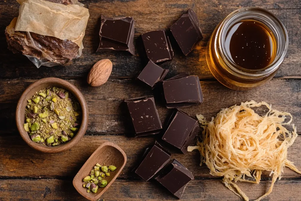 Ingredients for making Dubai chocolate, including pistachio butter and kataifi.