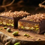 A cut-open Dubai chocolate bar showing layers of kataifi, pistachio cream, and milk chocolate.