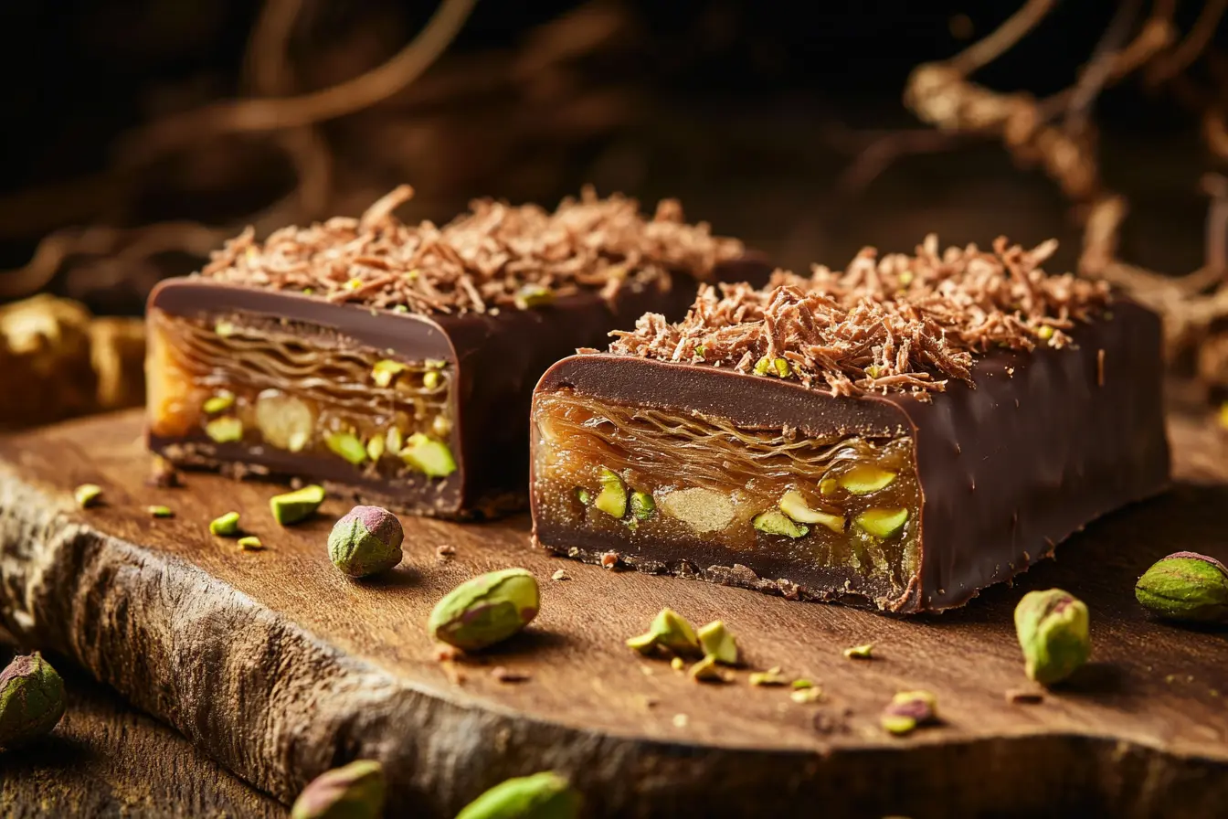 A cut-open Dubai chocolate bar showing layers of kataifi, pistachio cream, and milk chocolate.