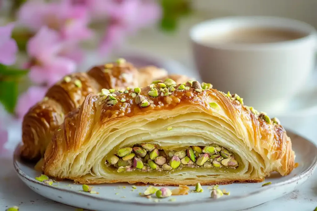 Cross-section of a pistachio croissant showing its creamy filling