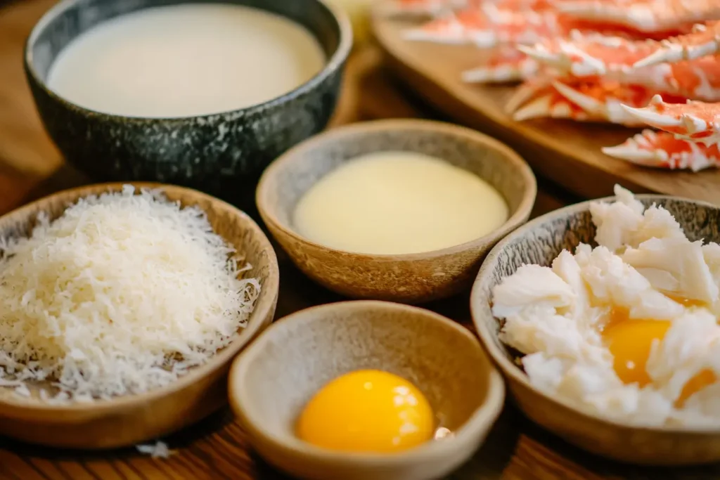 Fresh crab meat, parmesan cheese, egg yolks, and cream for crab brûlée.