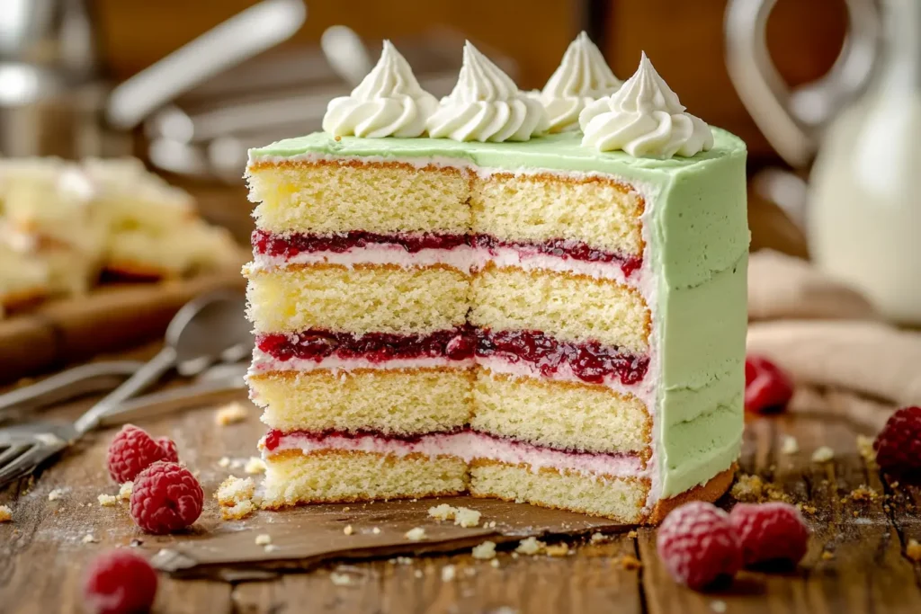 Swedish Princess Cake ingredients - sponge cake, jam, custard, whipped cream, and marzipan.