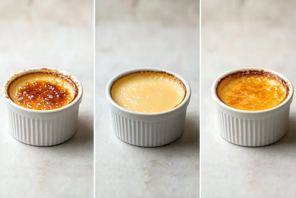 Crème brûlée custard textures – undercooked, perfect, and overcooked.