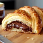 Freshly baked croissant with Nutella filling on a wooden board