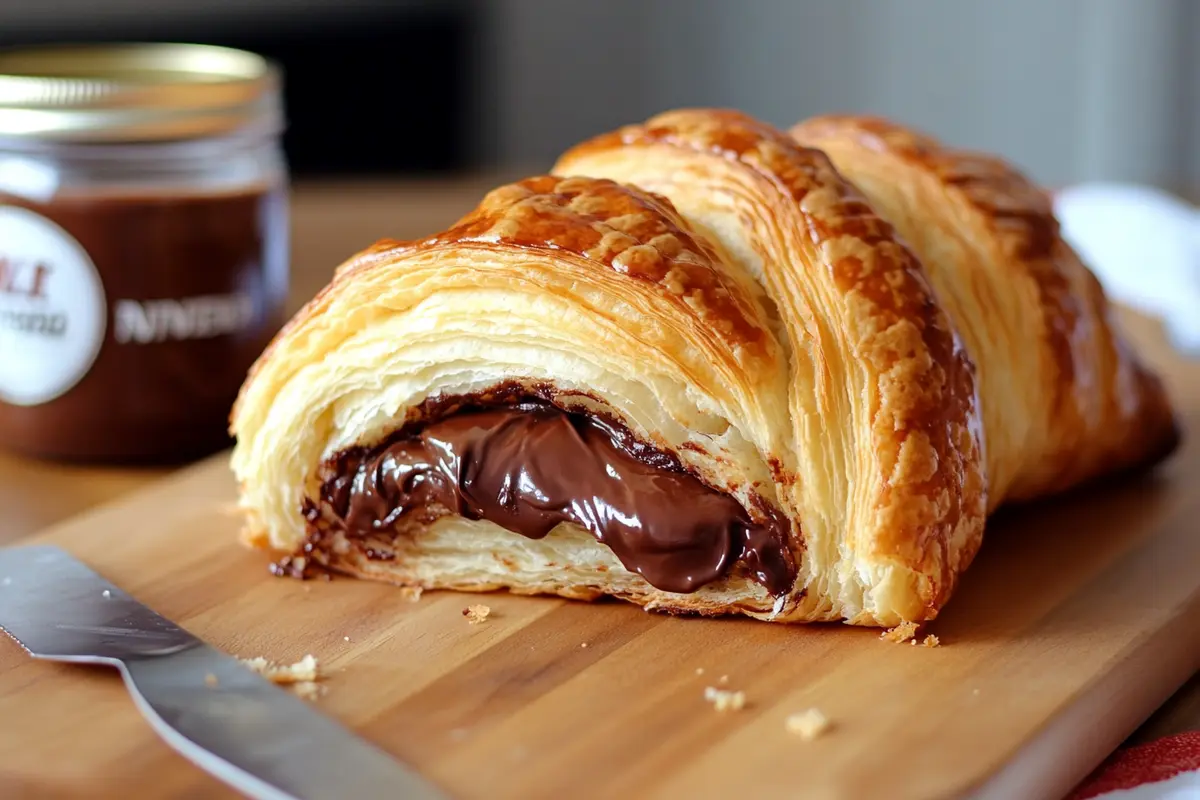 Freshly baked croissant with Nutella filling on a wooden board