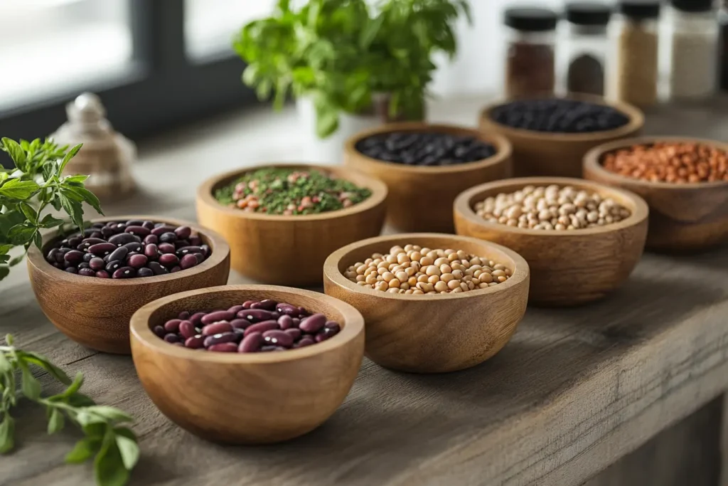 A variety of beans displayed in wooden bowls.