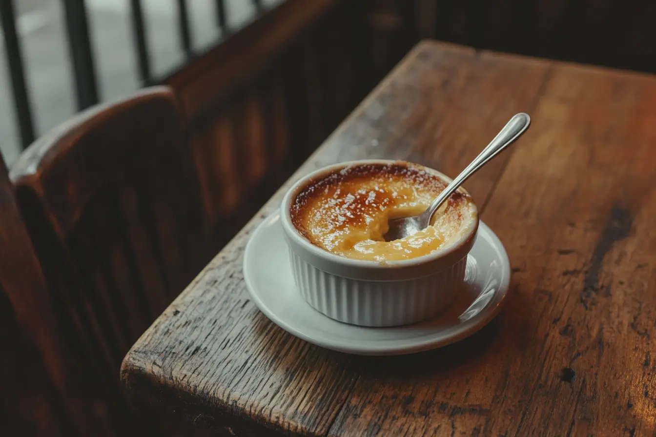 Classic crème brûlée with caramelized sugar crust and creamy custard.