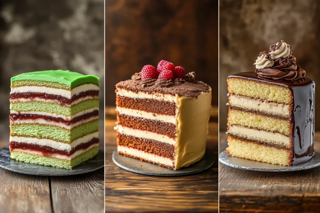 Comparison of Swedish Princess Cake, Victoria Sponge, and French Entremet.