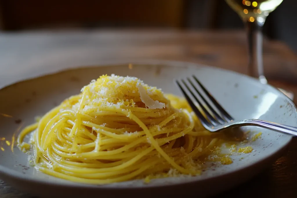 Spaghetti alla bottarga with grated bottarga on a rustic table.