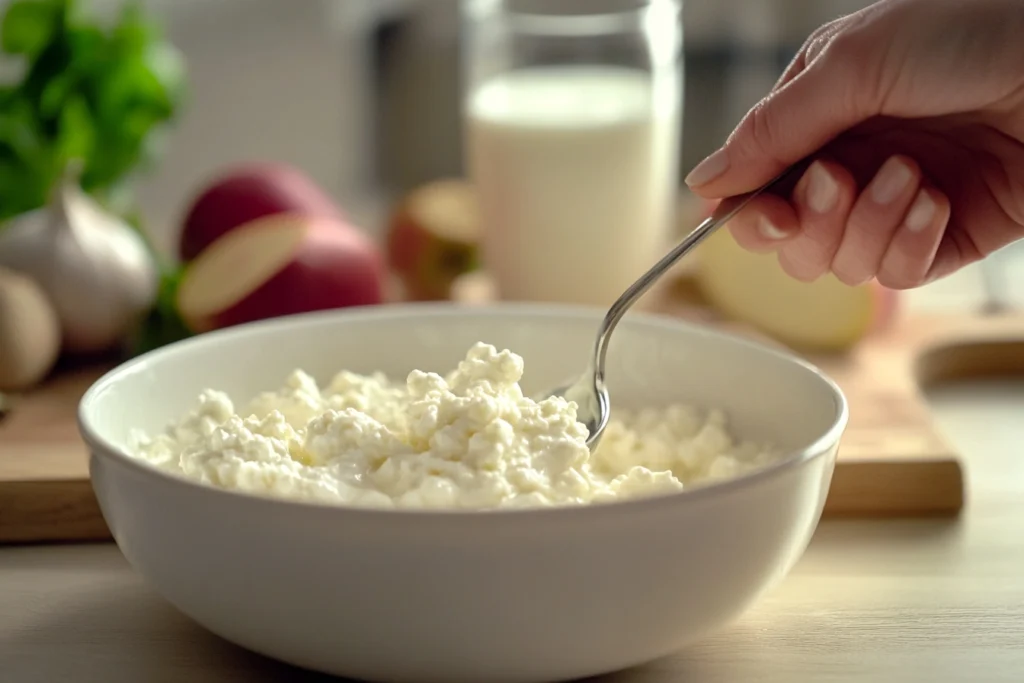 A person stirring watery cottage cheese to improve texture.