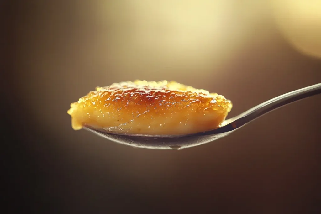 Spoonful of crème brûlée showing caramelized top and creamy custard.