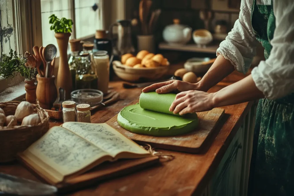 A baker rolling green marzipan for a Swedish Princess Cake.