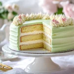 A classic Swedish Princess Cake with green marzipan on a cake stand.