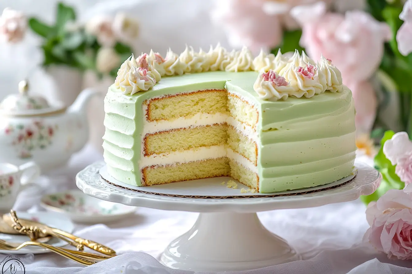 A classic Swedish Princess Cake with green marzipan on a cake stand.