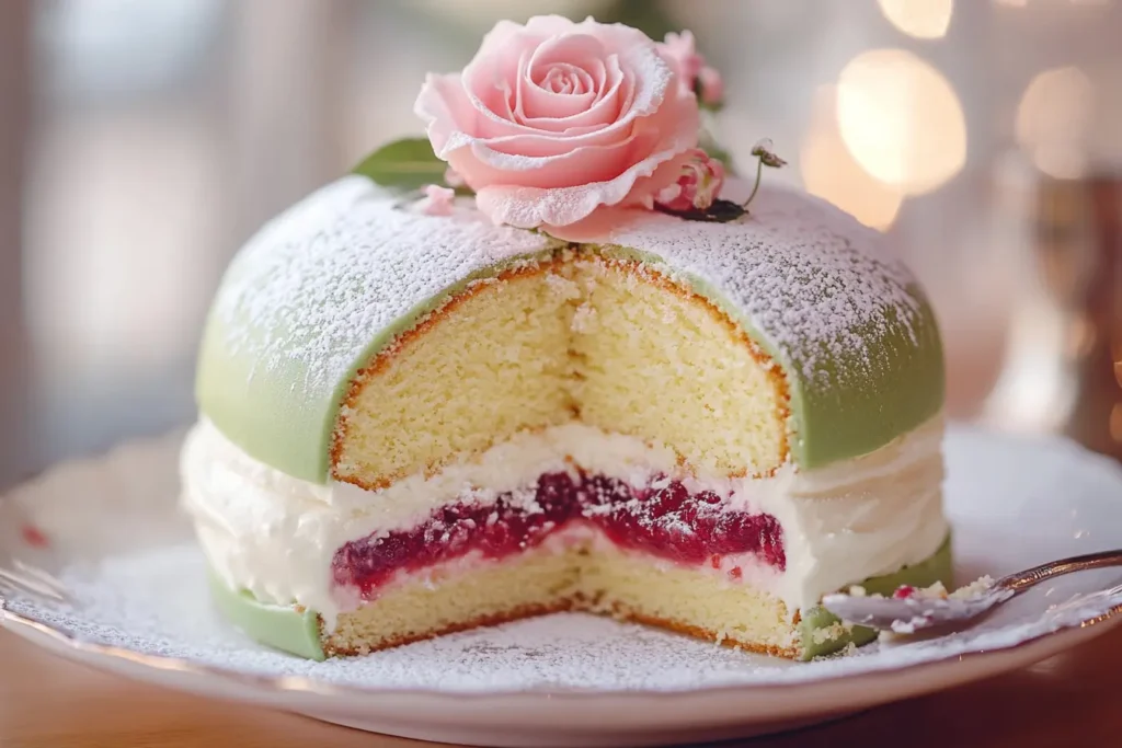 Swedish Princess Cake with green marzipan and a pink rose.