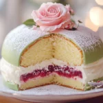 Swedish Princess Cake with green marzipan and a pink rose.