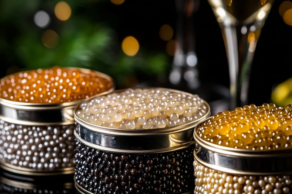 Four types of caviar in silver tins, displayed elegantly.