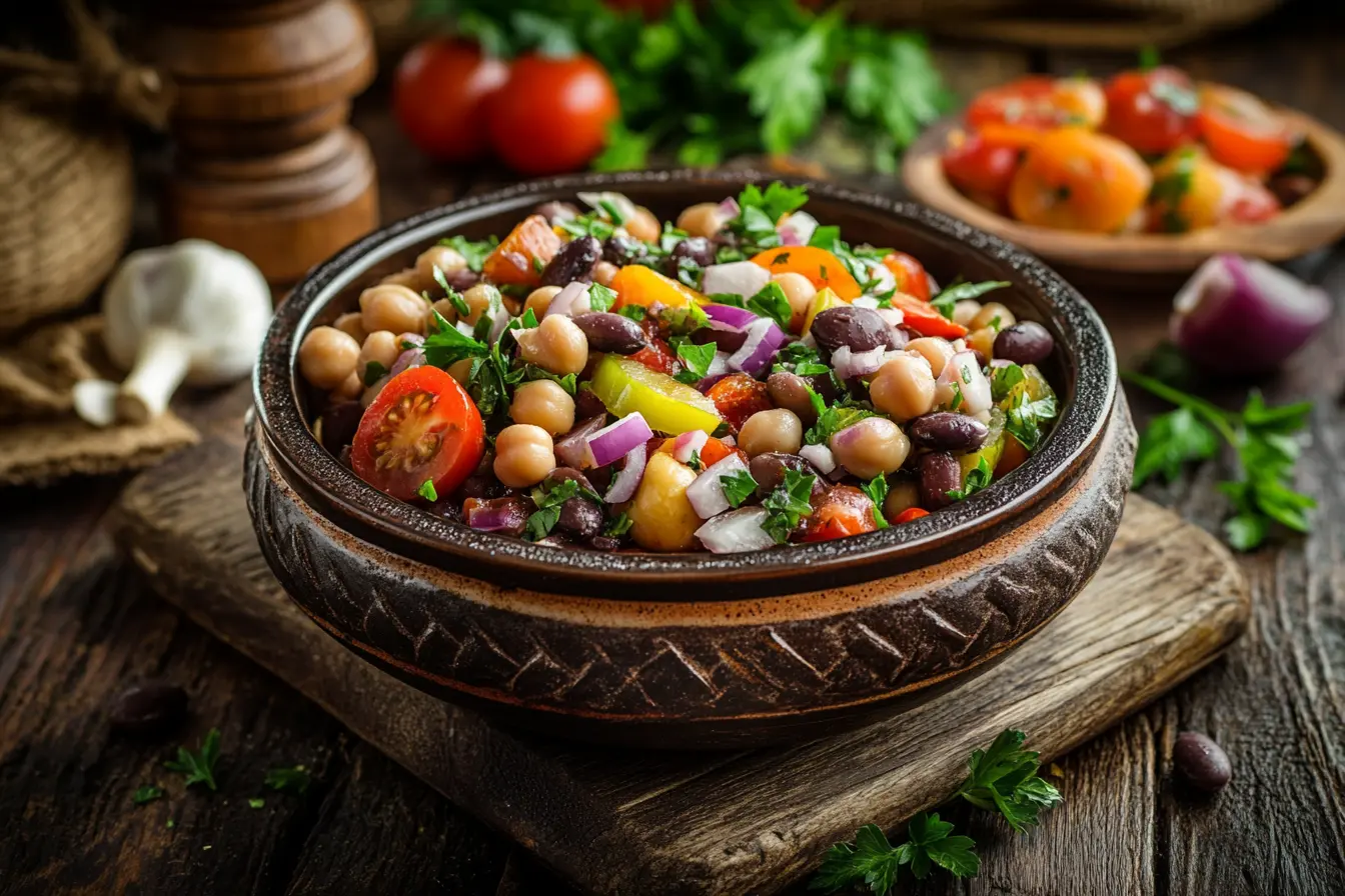 A vibrant dense bean salad with fresh ingredients.