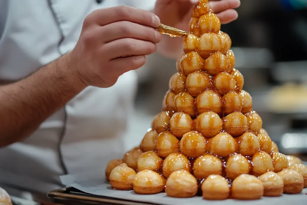 Hands assembling a croquembouche with caramel-coated profiteroles.