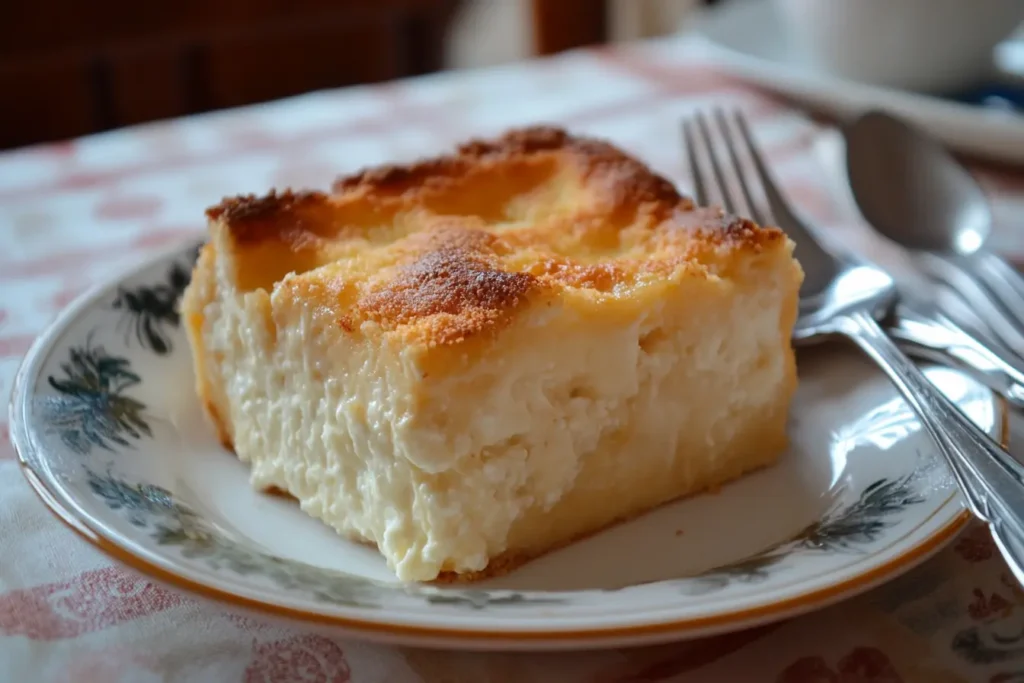 A golden-brown baked casserole made with cottage cheese on a dining table.