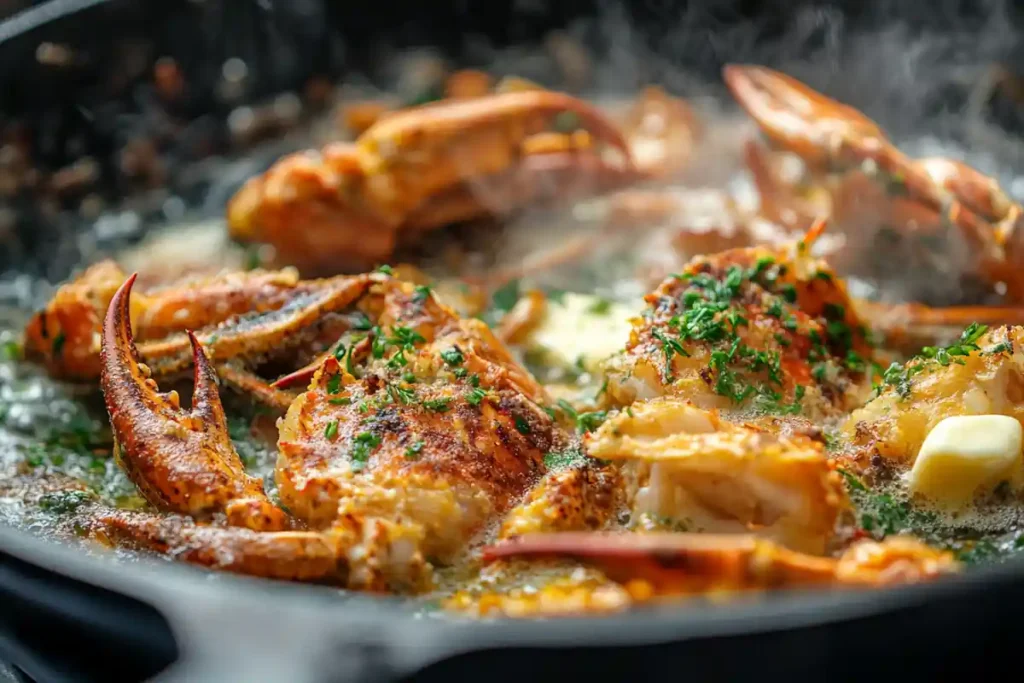 A close-up of cooked crab with herbs in a skillet, emitting steam.