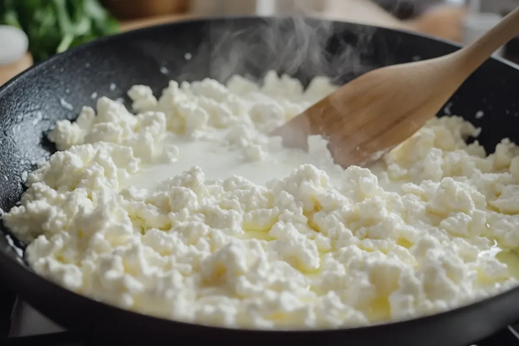 Cottage cheese in a skillet with whey separating and steam rising.