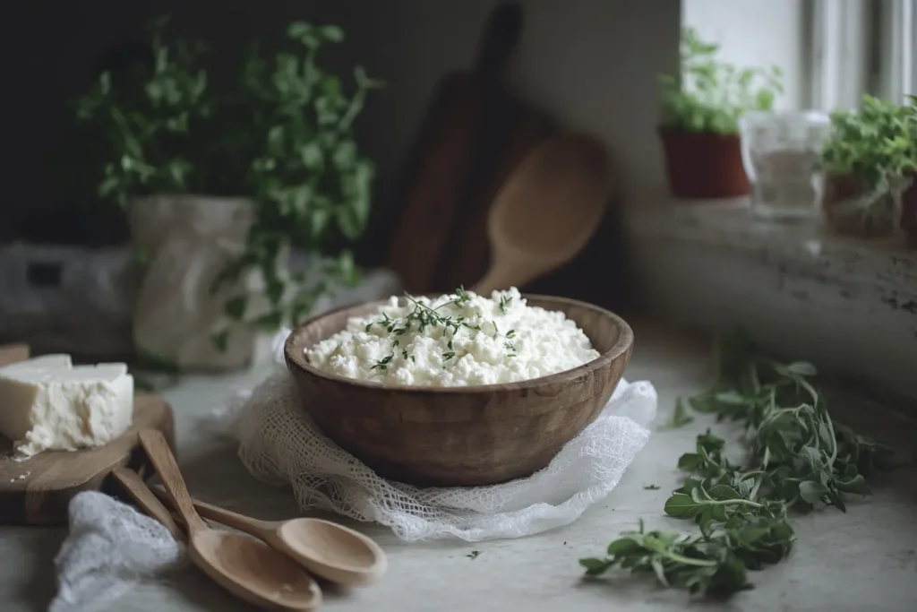 A rustic bowl of creamy cottage cheese with herbs on a wooden counter.