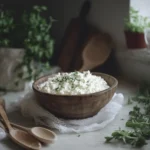 A rustic bowl of creamy cottage cheese with herbs on a wooden counter.