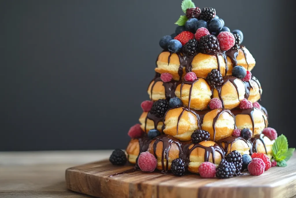 Modern croquembouche with chocolate, colorful drizzle, and berries.