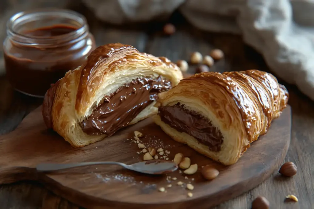 A croissant filled with rich nutella and accompanied by a jar of chocolate spread on a wooden board.