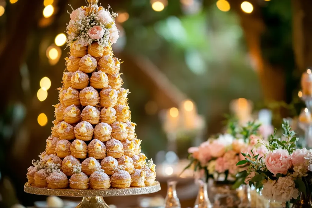 Elegant croquembouche tower with caramel and spun sugar