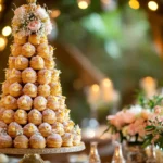 Elegant croquembouche tower with caramel and spun sugar