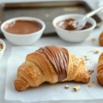 Croissant being filled with Nutella using a piping bag