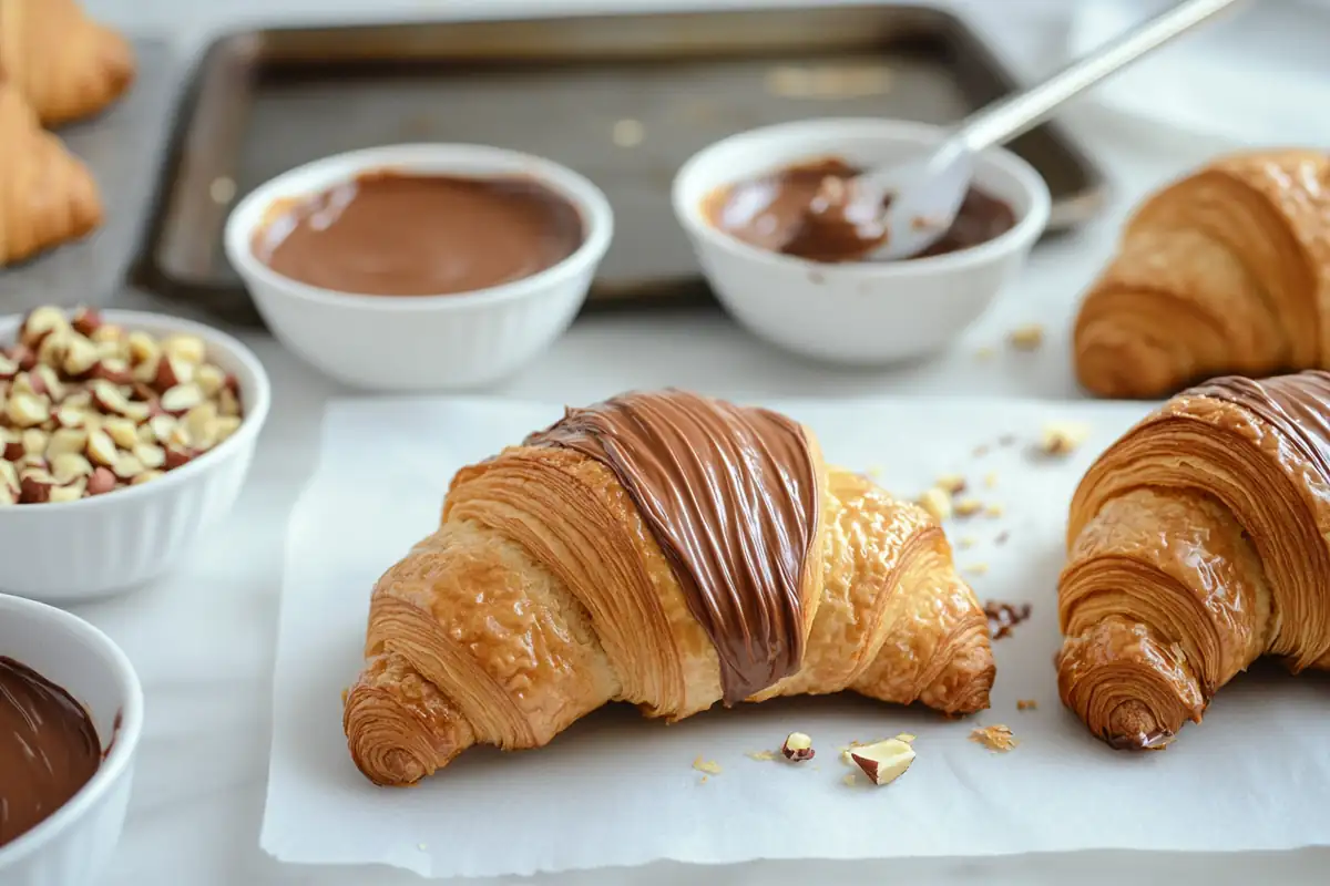 Croissant being filled with Nutella using a piping bag