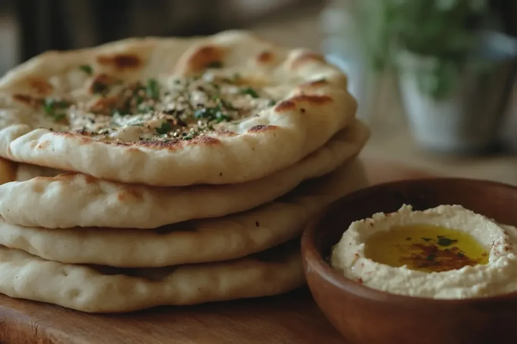 Stacked homemade flatbread with hummus in a rustic kitchen setting.